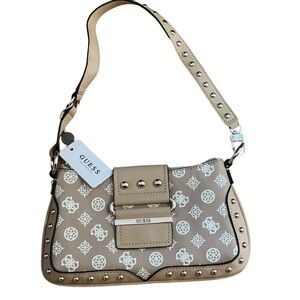 GUESS Greta Faux Leather Shoulder Bag - Logo Print - Goldtone Stud Details - NEW